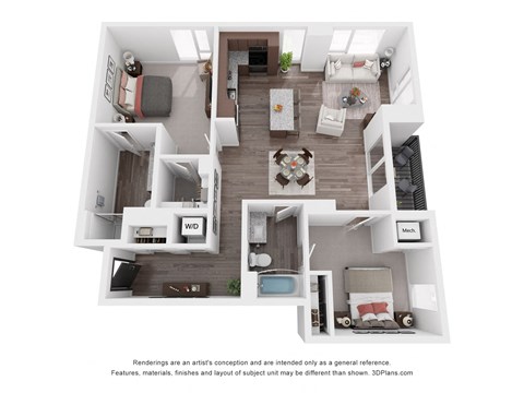 Floor plan for 2 beds, 2 baths, 1245 sqft